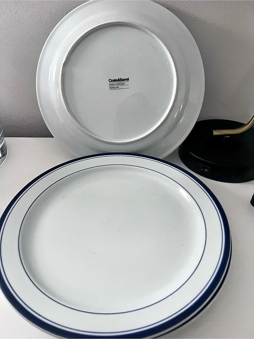 Crate & Barrel Porcelain Dinner Plates White Blue Band Rim Made in Portugal